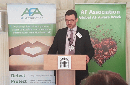 HPP Director Ed Harding speaking at the AF-related stroke report launch at the UK Parliament