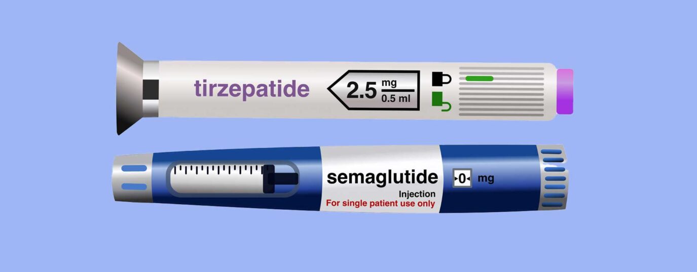 Illustration of two injection pens. One is labelled 'tirzepatide 2.5mg' and the other is labelled 'semaglutide injection for single patient use only'.