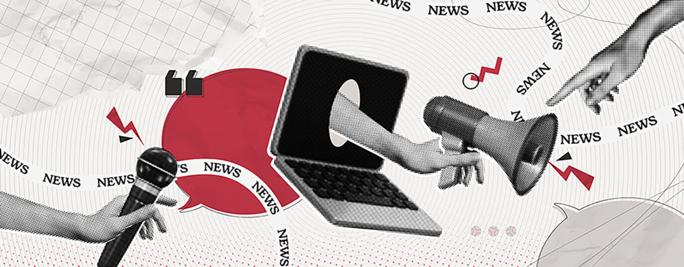 an illustration shows a bullhorn, a computer and a microphone blaring news
