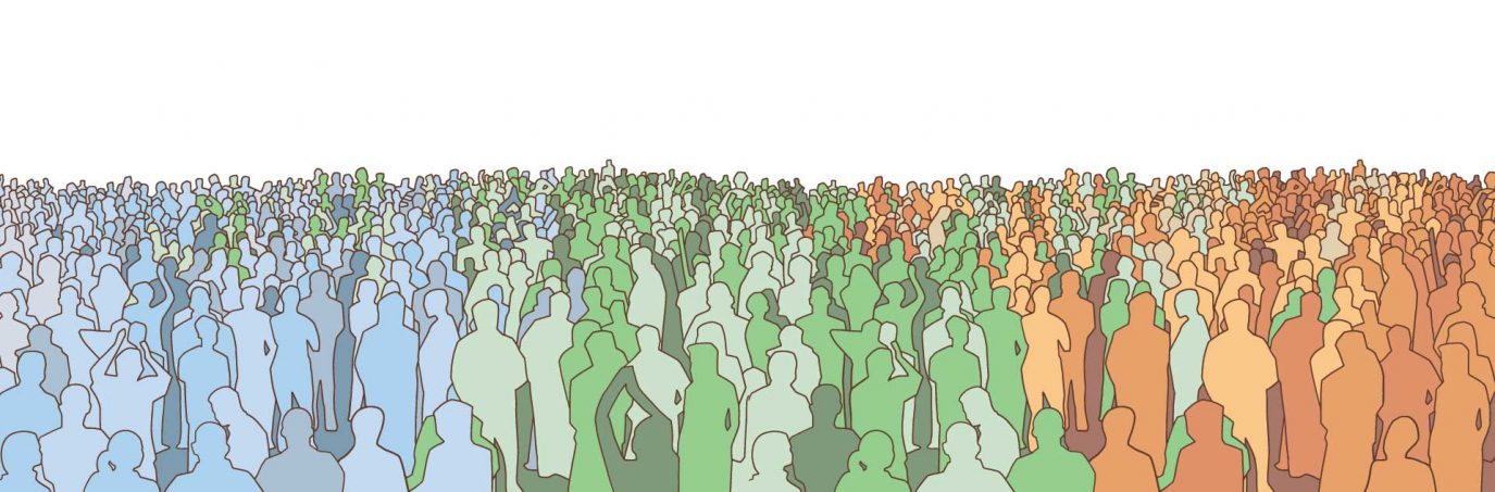 multicoloured graphic of a crowd drawn as individual silhouettes